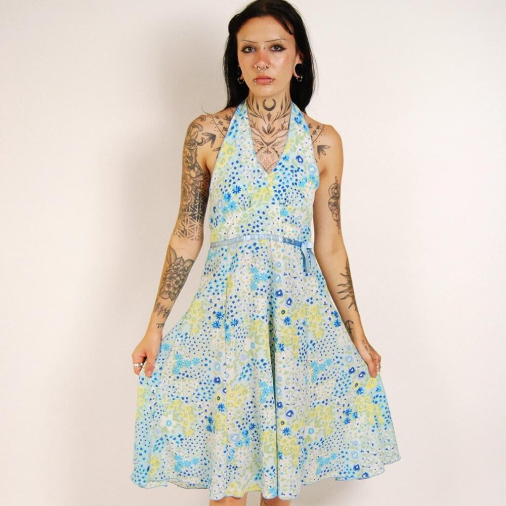 Floral Halter Dress (S/M) vintage 90s blue impressionist small
